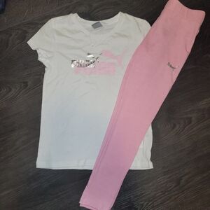 Girls Puma Outfit Set Size 8 Pink Leggings White Logo Tee Athletic